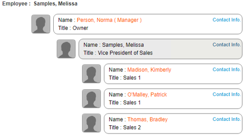 organization chart showing the employee, the employee's manager, and three people who report to the employee