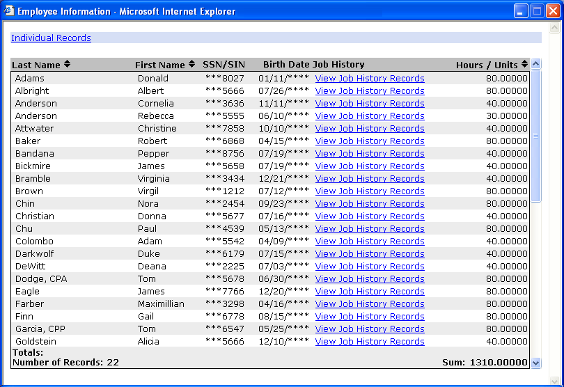 window showing a table of employee names and their information