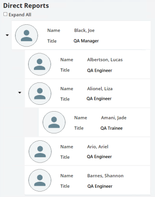 Direct Reports page showing the manager, his direct reports, and his indirect reports